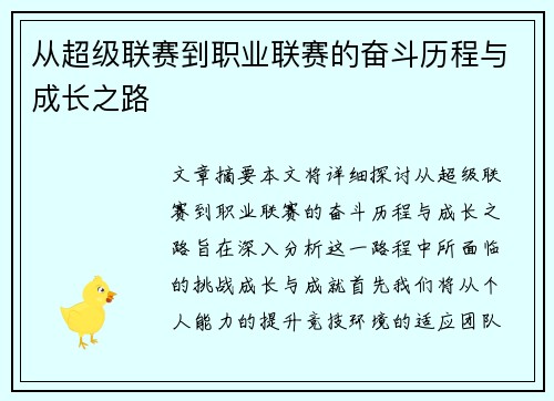 从超级联赛到职业联赛的奋斗历程与成长之路