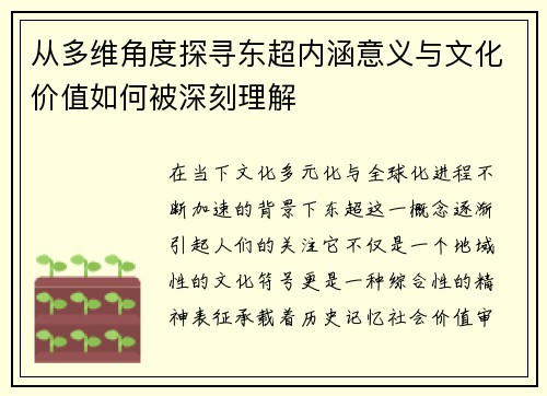 从多维角度探寻东超内涵意义与文化价值如何被深刻理解