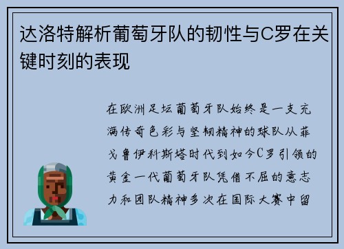 达洛特解析葡萄牙队的韧性与C罗在关键时刻的表现